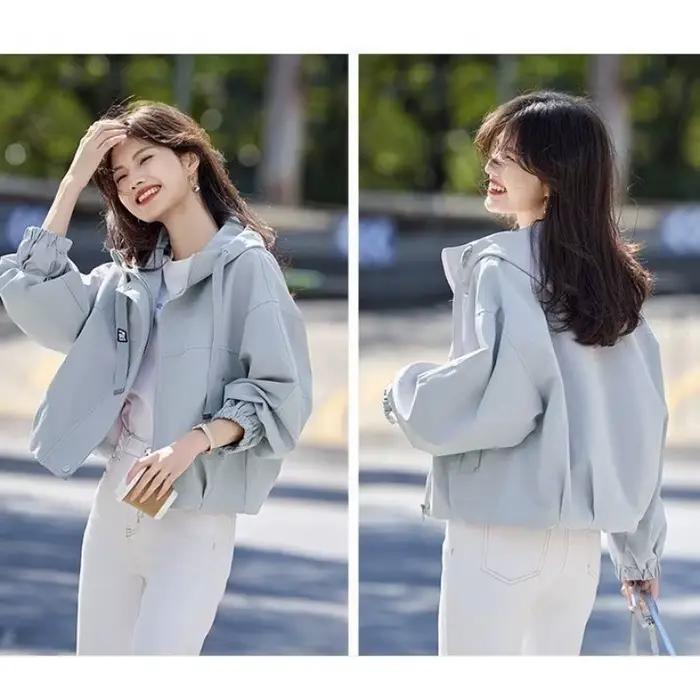 Nouvelle Veste Courte à Capuche Ample pour Femme, Style Rétro, Couleur Unie, Manches Longues, Idéale