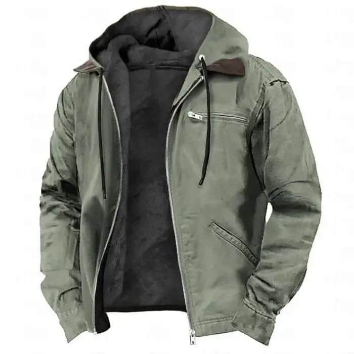 Veste d'hiver en peluche pour homme, style vintage, couleur unie, avec fermeture éclair, capuche, ma