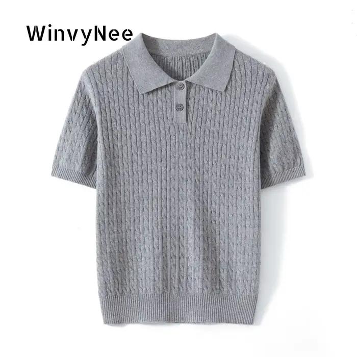 WinvyNee T-shirt en coton pour femme, hauts d'été à manches courtes bleus unis, col polo Y2k, pulls