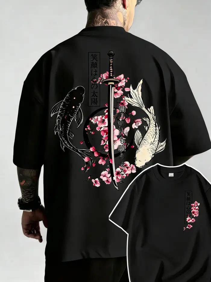 T-Shirt d'été en coton pour hommes, motif poisson Koi et épée de samouraï japonais Yin Yang, à manch