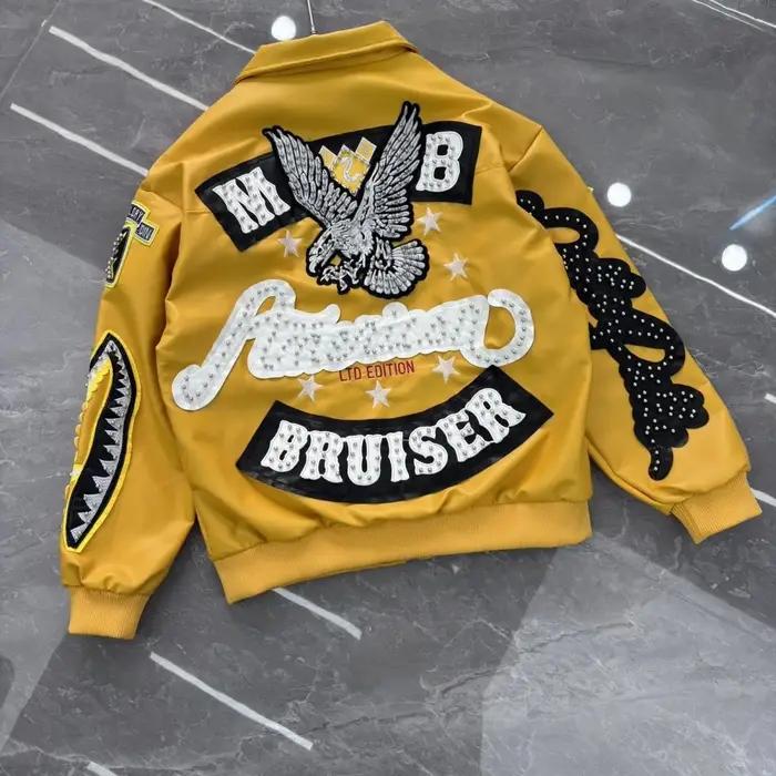 Blouson en cuir brodé style industriel rétro américain, col montant, pour moto, automne/hiver, nouve