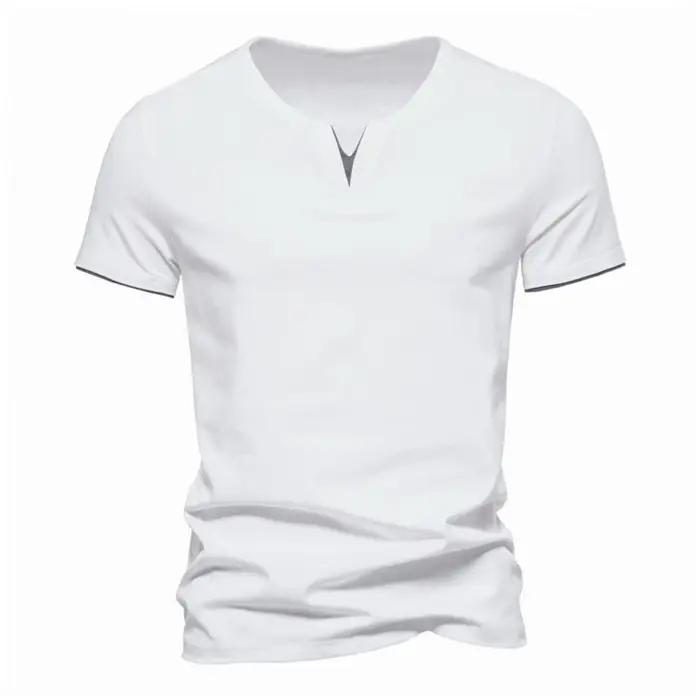Henley – T-shirt manches courtes col en v pour homme, décontracté, coupe cintrée, basique, ample, Fi
