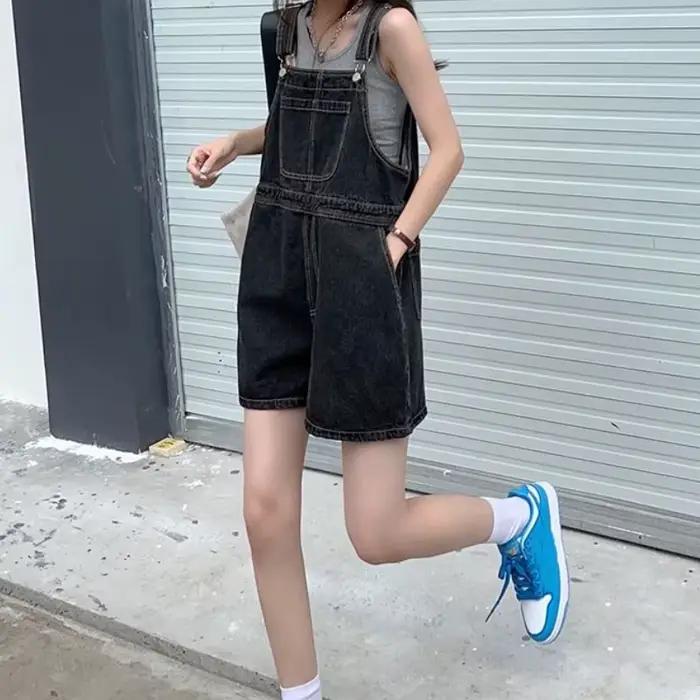 Denim Rompers Women Wide Leg Loose Korean Style Students Solid Summer Playsuits Leisure Trendy Pocke