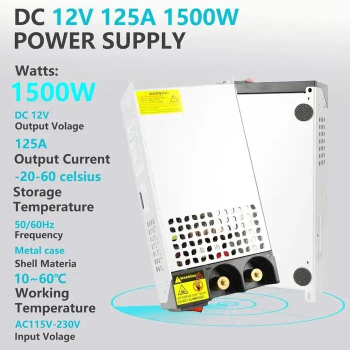 Alimentation électrique DC 12V 125A 1500W, convertisseur 110V AC à 12V DC, adaptateur d'alimentation