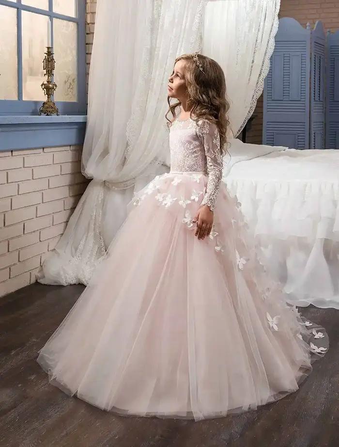 Robe de mariée élégante et ravissante pour fille de fleur, robe de bal en dentelle à manches longues