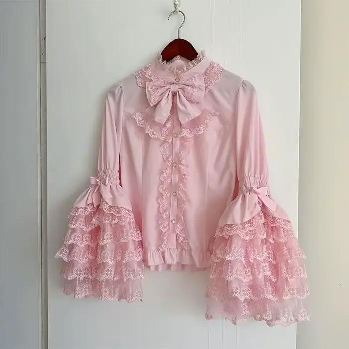 Chemise Lolita gothique et douce – Chemisier à volants à manches longues pour robes JSK, haut en den