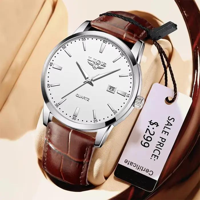 LIGE homme montre mode bracelet en cuir hommes montres militaire Sport étanche calendrier Quartz mon