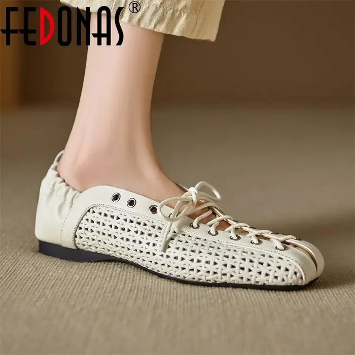 FEDONAS été concepteur confortable creux chaussures plates talons femmes en cuir véritable chaussure