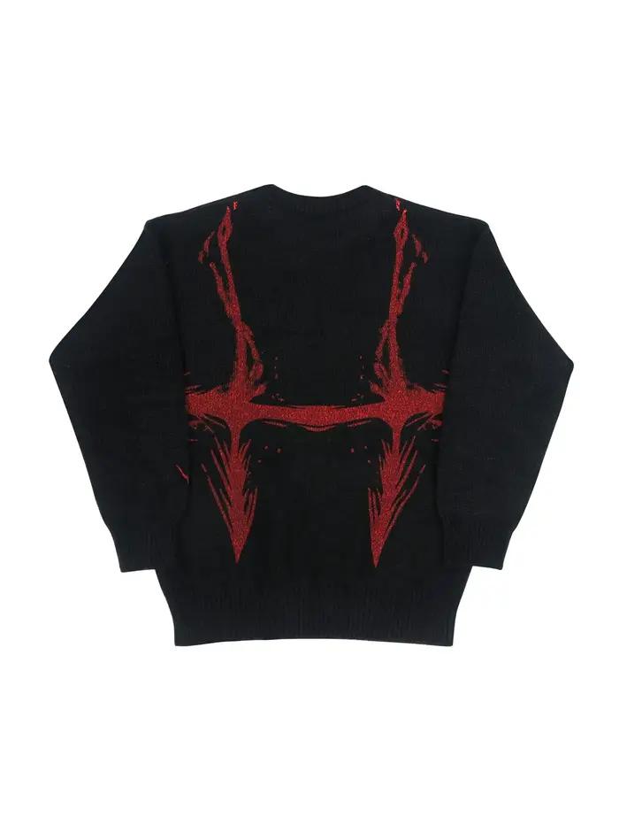 Pull en tricot graphique noir et rouge pour hommes, col rond, surdimensionné, décontracté, manches l