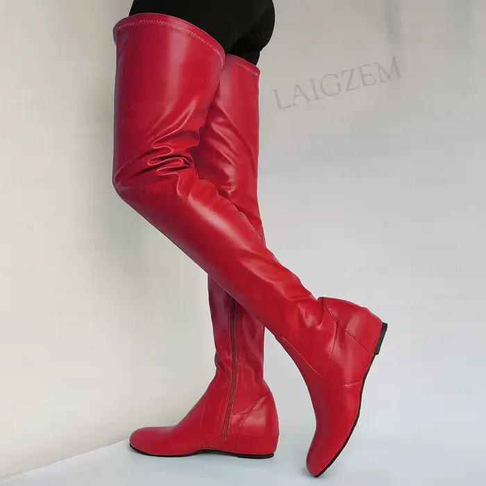 LAIGZEM femmes cuissardes en Faux cuir bout rond fermeture éclair latérale mi talons cachés bottes d