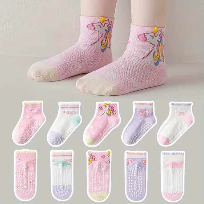 5 paires de chaussettes de sol pour enfants avec colle en dentelle, motif cœur licorne, garçons et f