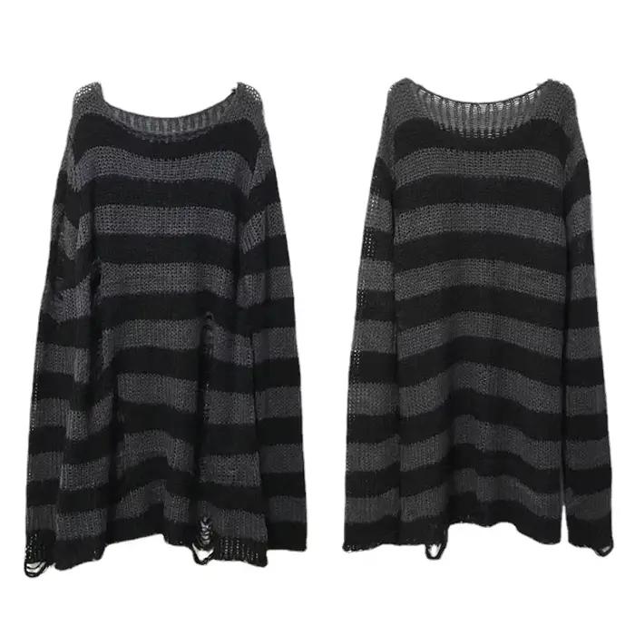 Nouveau Streetwear haut Punk gothique Long unisexe pull été femmes rayé Cool trou creux cassé pull a