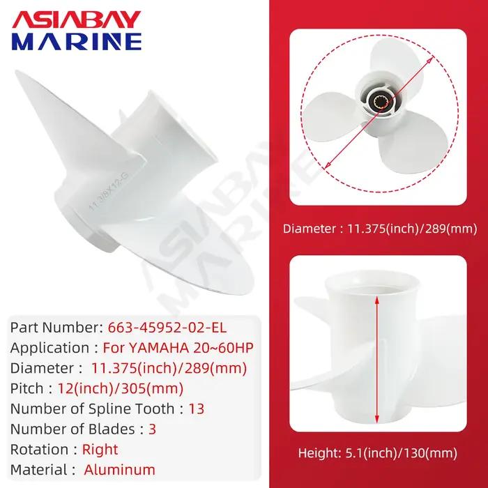 Hélice hors-bord pour Yamaha 20hp 25hp 30hp 40hp 48hp 50hp 60hp 11 3/8*12 vis en alliage d'aluminium