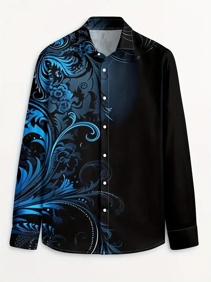 2025 Chemise à manches longues à imprimé floral dégradé pour hommes Décontracté Slim Fit Streetwear