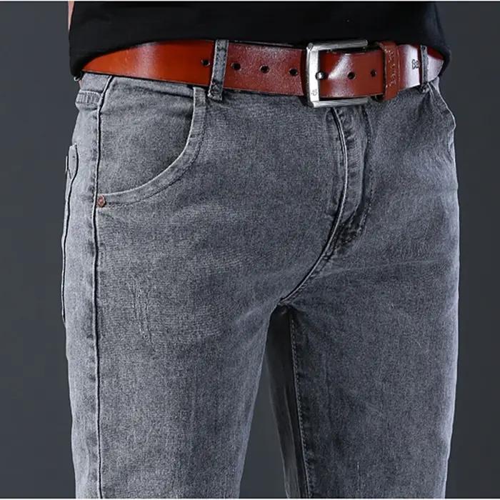 Jean nouveau style, coupe slim pour hommes, pantalon taille moyenne gris élastique à jambe droite co