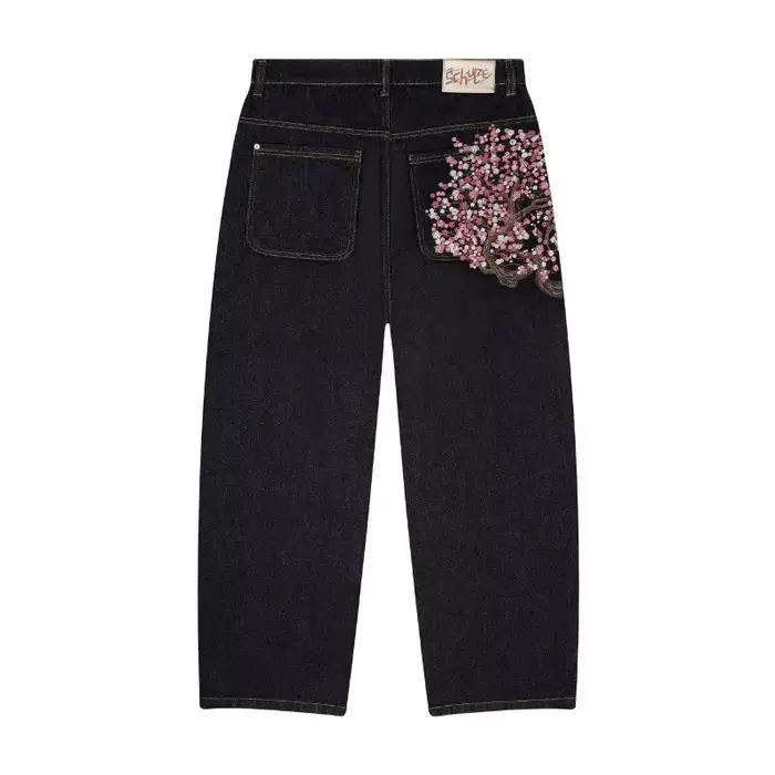 Y2K Baggy jeans fleur de cerisier lisière broderie Denim pantalon hommes femmes