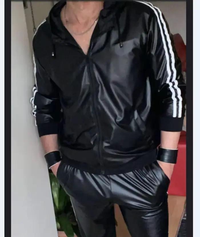 Costume à capuche en cuir PU pour hommes, vêtements de sport décontractés, costume de Jogging, vêtem