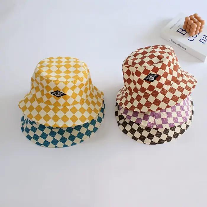 Chapeau seau à motif damier pour enfants, mignon, à carreaux, pour bébés garçons et filles, chapeau