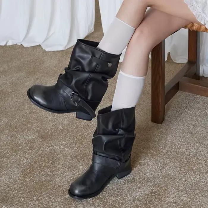 Bottes mi-mollet noires pour femmes, style décontracté, avec boucle, bout carré, talon épais, bottes