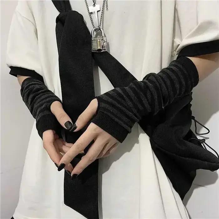 Y2K gothique Lolita gants bras couverture Harajuku chauffe-bras noir gris rayé sans doigts Punk long
