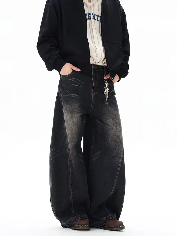 Vintage noir lavé Baggy jean pantalon hommes jambe large lame incurvée pantalon Streetwear Cowboy dé