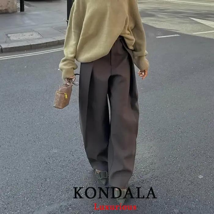 KONDALA décontracté Chic pantalon à jambes larges femmes bureau dame poches plissé pantalons longs m