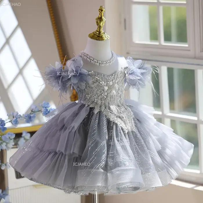 Robe de bal princesse grise pour filles, robe de fête d'anniversaire pour enfants, hôte de spectacle