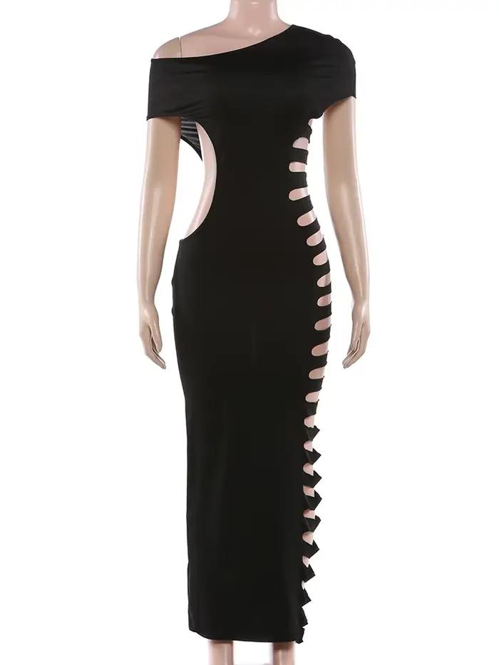 Robe longue sexy Kliou à découpes, col asymétrique, épaules dénudées, taille haute, moulante, pour s