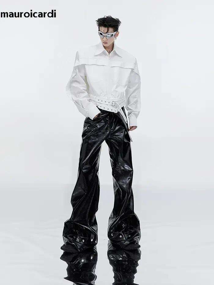 Mauroicardi printemps automne Cool noir brillant réfléchissant Pu cuir Flare pantalon pour hommes ha