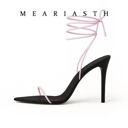 Sandales d'été blanches et noires à lacets pour femmes, chaussures à talons hauts en cuir, talons ai