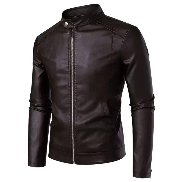 Blouson en cuir PU ajusté pour homme à col montant, style motard, tendance printemps-automne