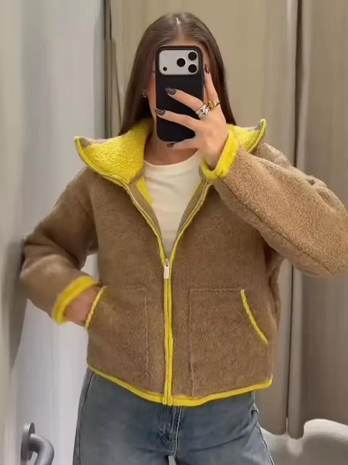 Veste décontractée automne 2026 pour femme, design contrasté, manches longues, fermeture éclair, sty