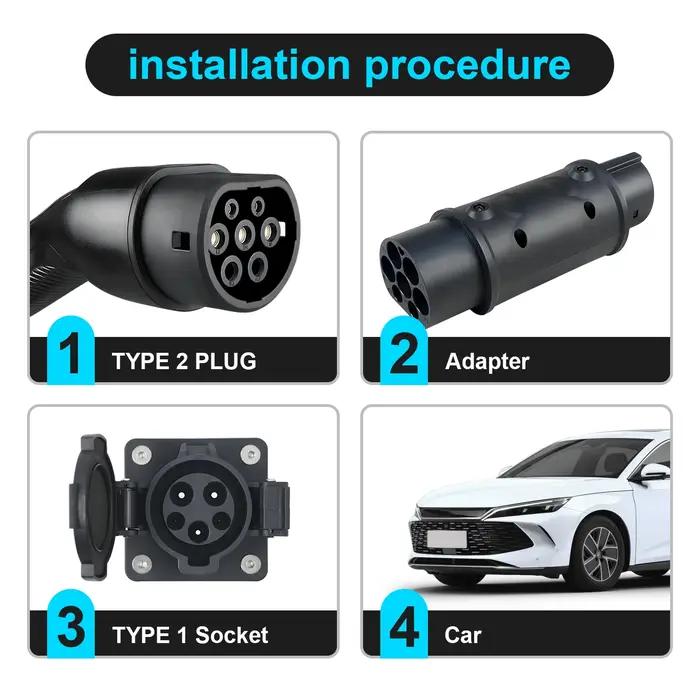 Kolanky 32A 7.2 KW Type 2 à Type 1 adaptateur Type 1 à Type 2 convertisseur Type 2 à GBT adaptateur