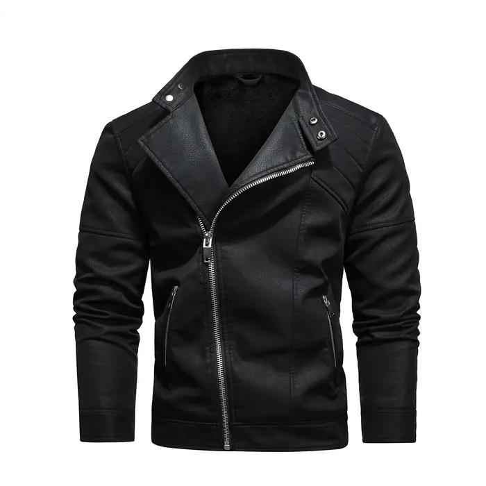 Veste en cuir PU pour hommes, avec polaire, grand revers, fermeture éclair diagonale sur le devant,