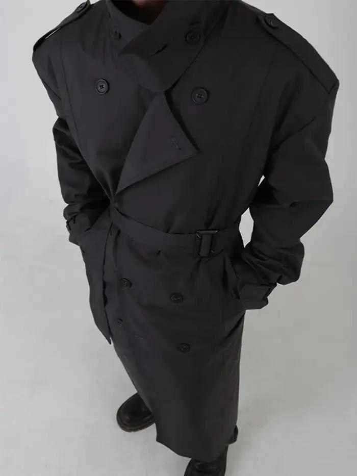 Mauroicardi-Manteau long noir pour homme, ceinture double boutonnage, décontracté, coupe-vent, print