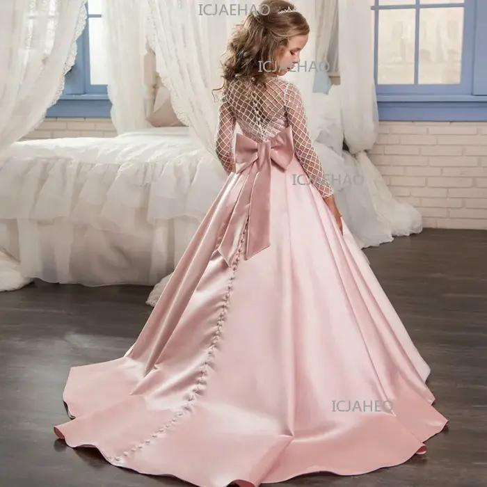 Robe de princesse pour fille 2026, style mode, en dentelle et satin, avec nœud, petite traîne et fle