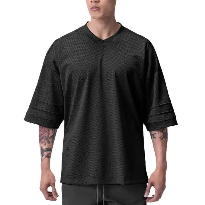 T-shirt manches mi-longues pour hommes, sport de gymnastique uni, musculation, maille surdimensionné