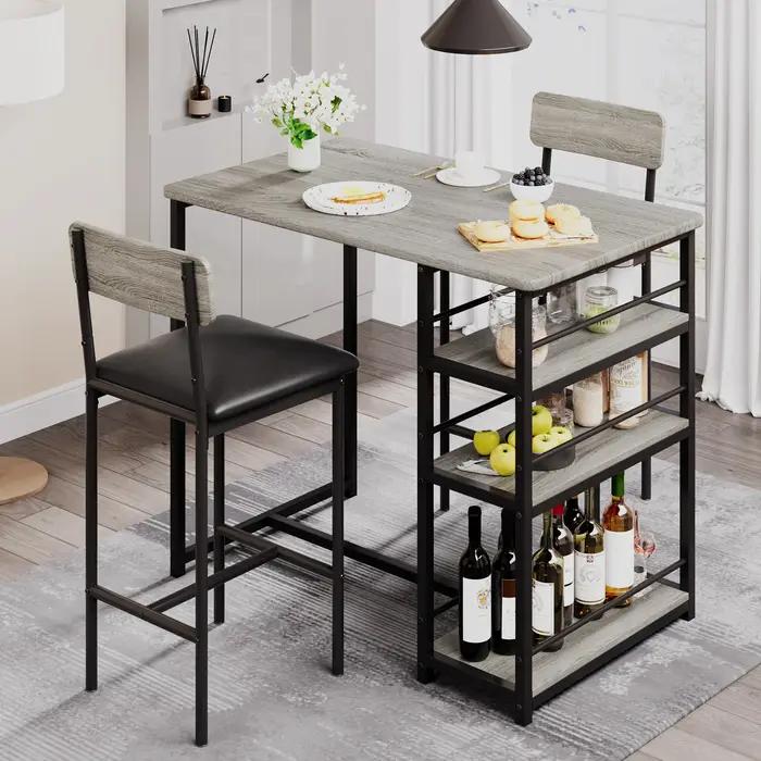 Ensemble de table à manger avec étagères à 3 niveaux, ensemble de table de cuisine de bar avec 2 cha