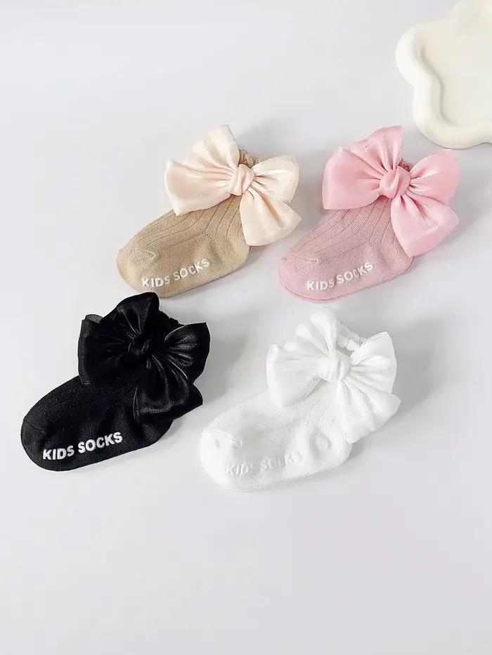 4 paires de chaussettes de sol antidérapantes avec nœud pour bébé, chaussettes d'apprentissage douce