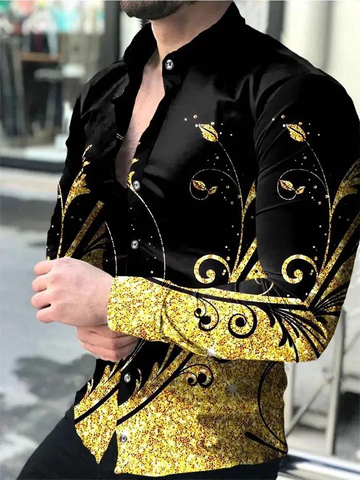 Chemises hawaïennes de luxe à motif doré pour hommes, chemises décontractées à la mode, manches long