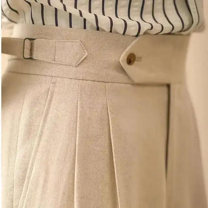 Pantalon droit en lin pour homme, pantalon formel, taille haute, drapé à Paris, Gentleman Business,