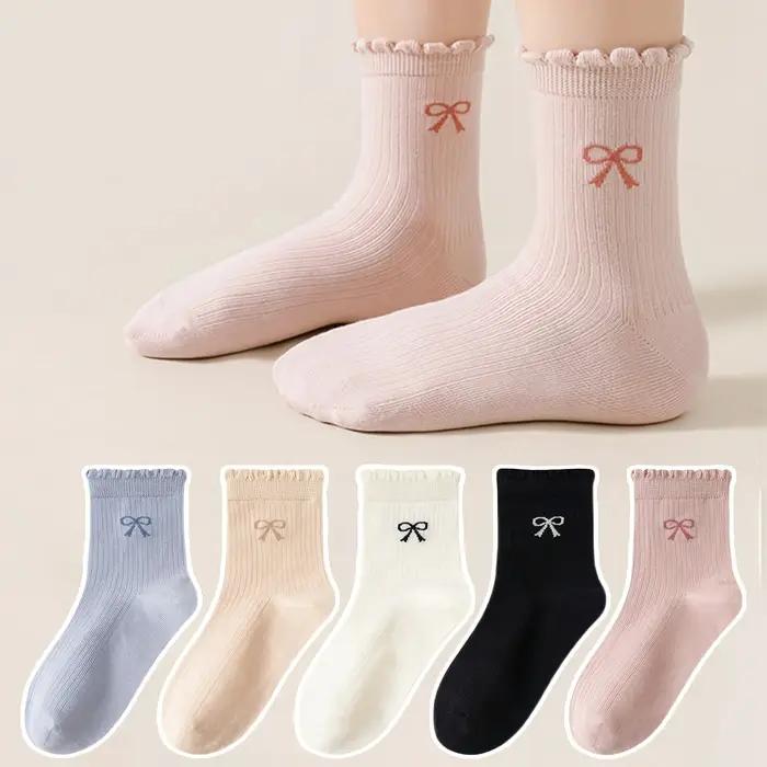 3 paires de chaussettes pour enfants de couleurs mélangées aléatoires avec motifs de nœuds en dentel