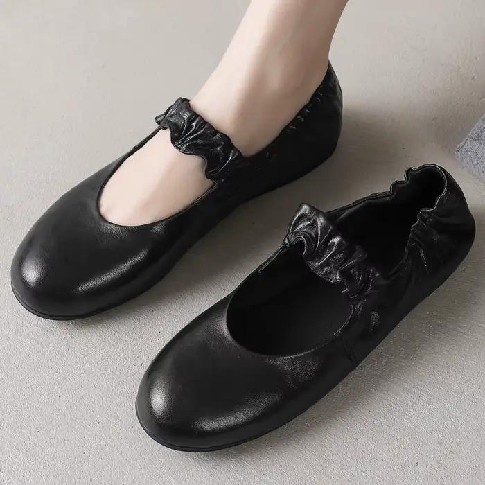 Ballerines à enfiler à bande étroite élastique en peau de mouton pour femmes, bout rond, ballerines