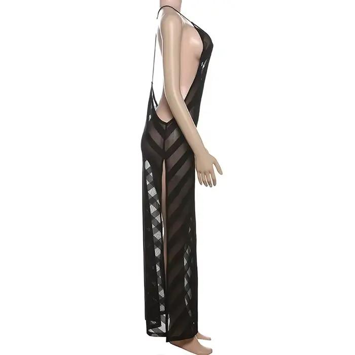Maille voir à travers Sexy licou fête Club Maxi robe fendue tenues femmes été sans manches dos nu mo
