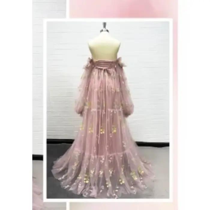 Robe de soirée de maternité sexy – Robe de soirée à fente haute avec broderie florale et manches bou