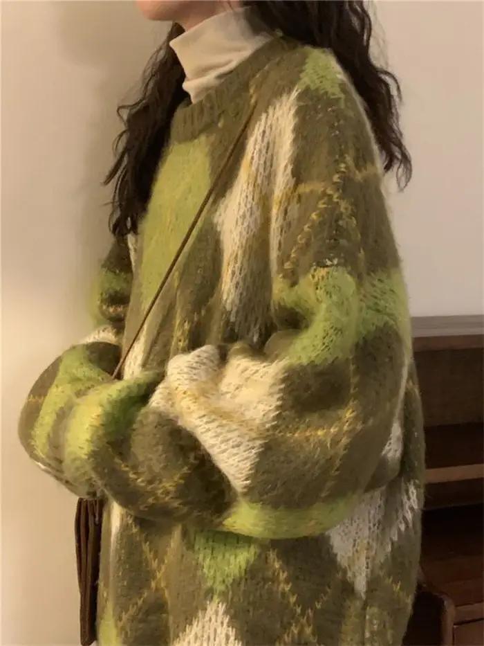 Pull Baggy Rétro Vert pour Femme, Vêtement Confortable et Minimaliste, Style BF, Argyle, Décontracté