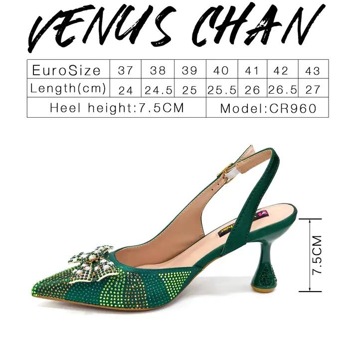 Venus Chan – chaussures et sacs à talons hauts pour femmes, couleur verte, bout pointu, strass, soir
