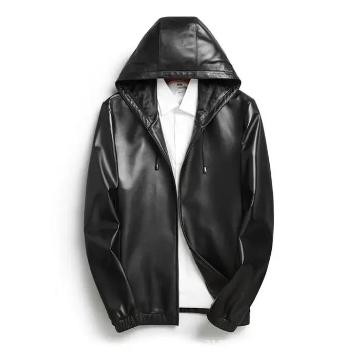 Veste en cuir véritable pour hommes, manteau court en peau de mouton avec capuche, vêtements décontr