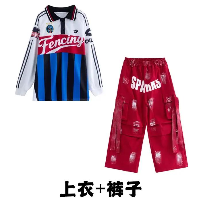 Ensemble hip-hop et K-pop pour fille t-shirt rayures patchwork et pantalon cargo danse streetwear occasions spéciales