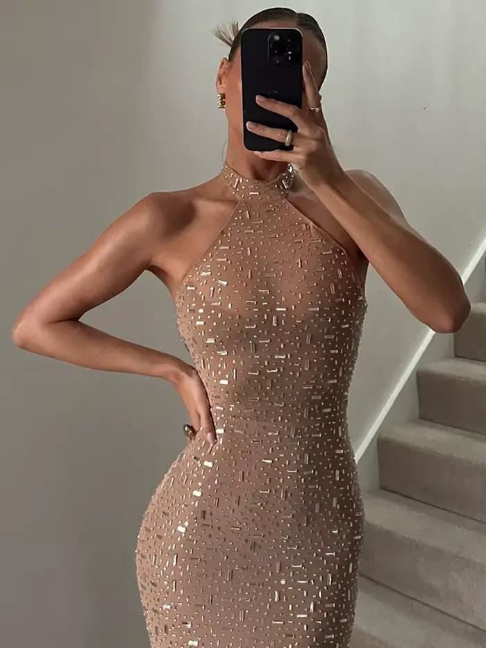 Robe de soirée sexy Kliou pour femme, décoration en faux diamants, col rond, épaules dénudées, taill